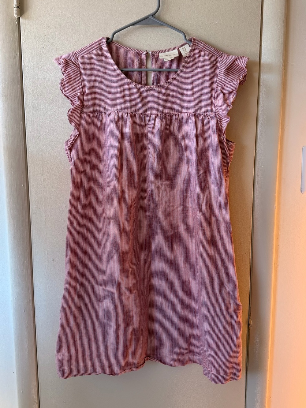 Cynthia Rowley 100% Linen Red Pinstripe Ruffle Dress M Pockets